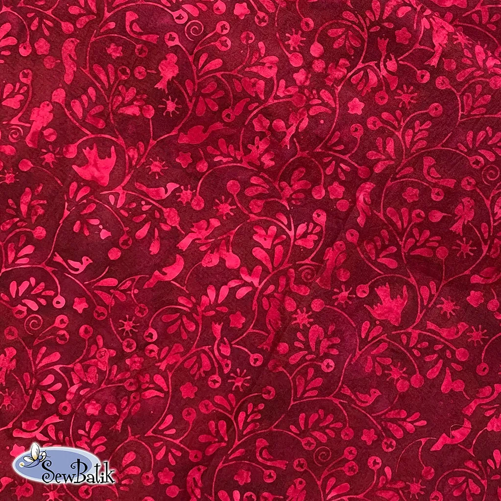 112" Wide Batik - Flock Together - Bright Cranberry [ 1 1/8 YARD CUT ONLY ]