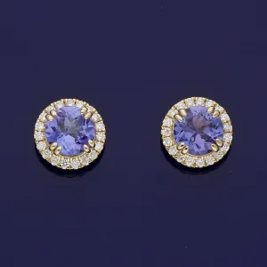 18ct Yellow Gold Tanzanite and Diamond Halo Stud Earrings