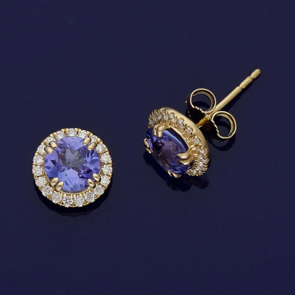 18ct Yellow Gold Tanzanite and Diamond Halo Stud Earrings