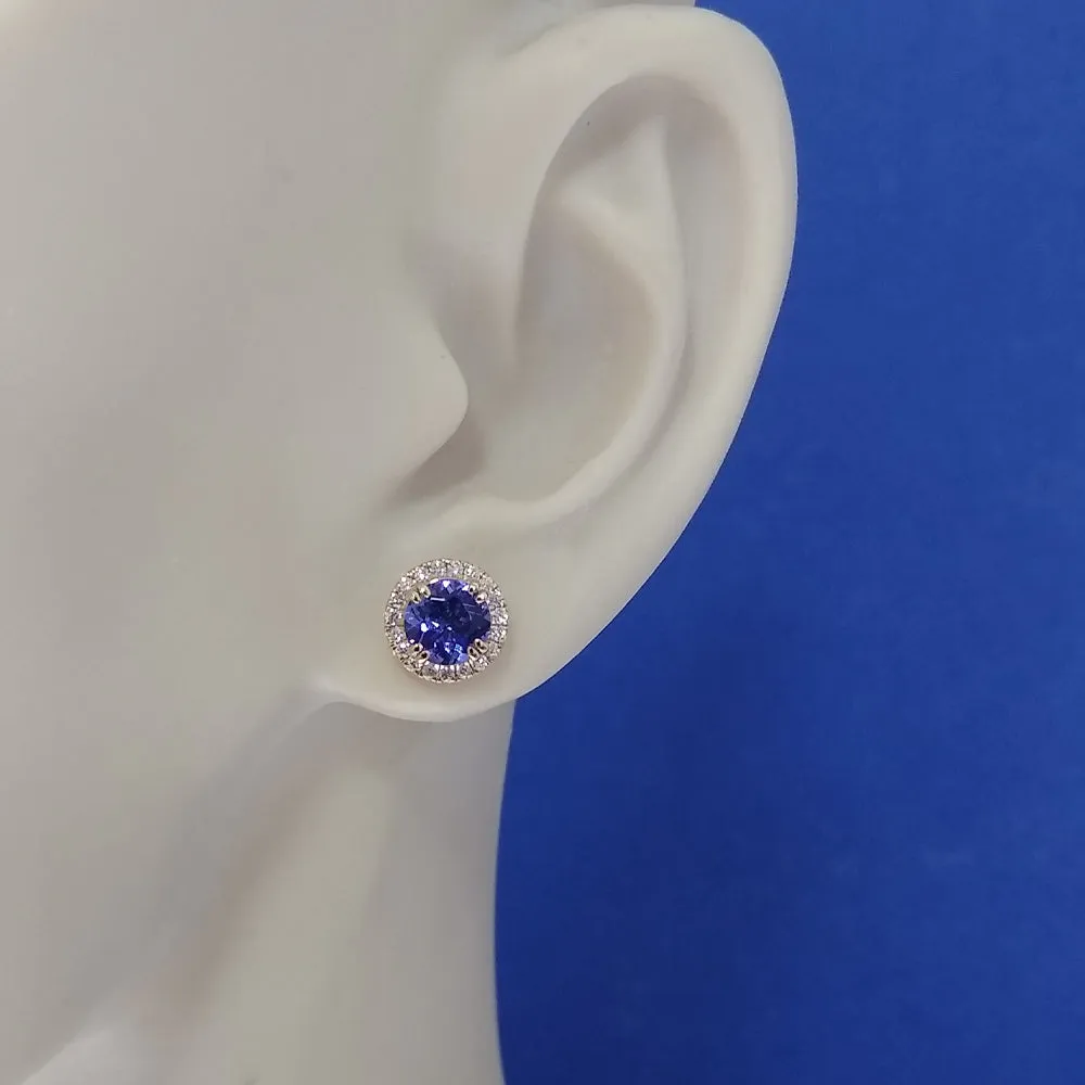 18ct Yellow Gold Tanzanite and Diamond Halo Stud Earrings