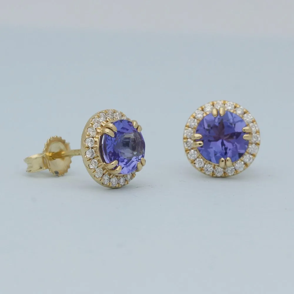 18ct Yellow Gold Tanzanite and Diamond Halo Stud Earrings