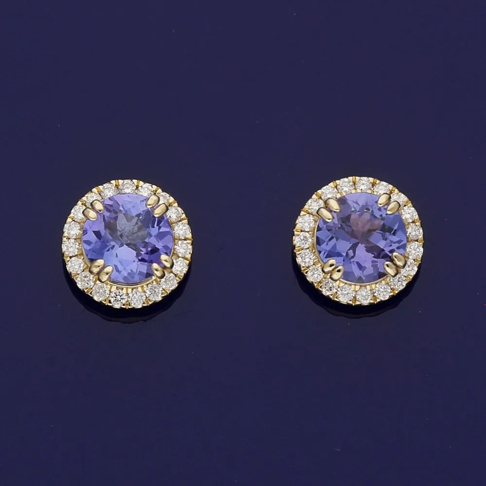 18ct Yellow Gold Tanzanite and Diamond Halo Stud Earrings