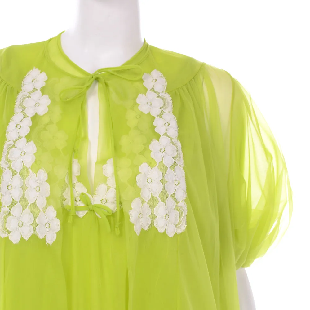 1960's Lime Green Chiffon Babydoll Peignoir Set W Nightgown & Robe