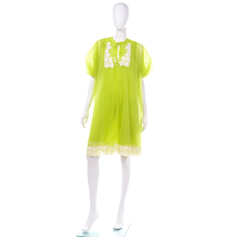 1960's Lime Green Chiffon Babydoll Peignoir Set W Nightgown & Robe