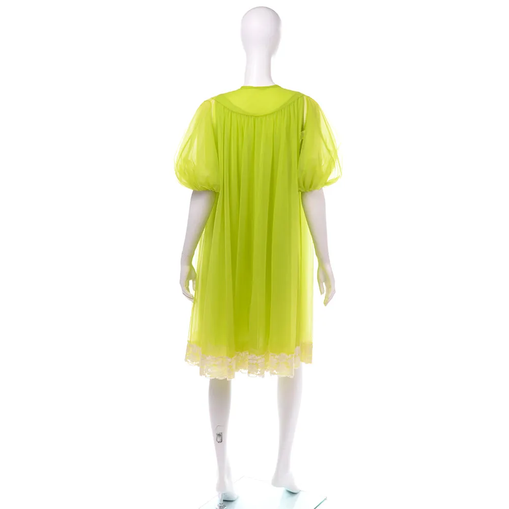 1960's Lime Green Chiffon Babydoll Peignoir Set W Nightgown & Robe