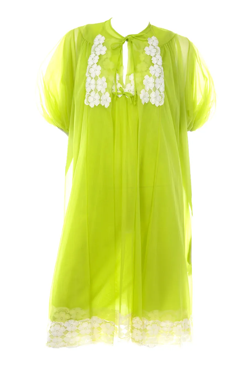 1960's Lime Green Chiffon Babydoll Peignoir Set W Nightgown & Robe