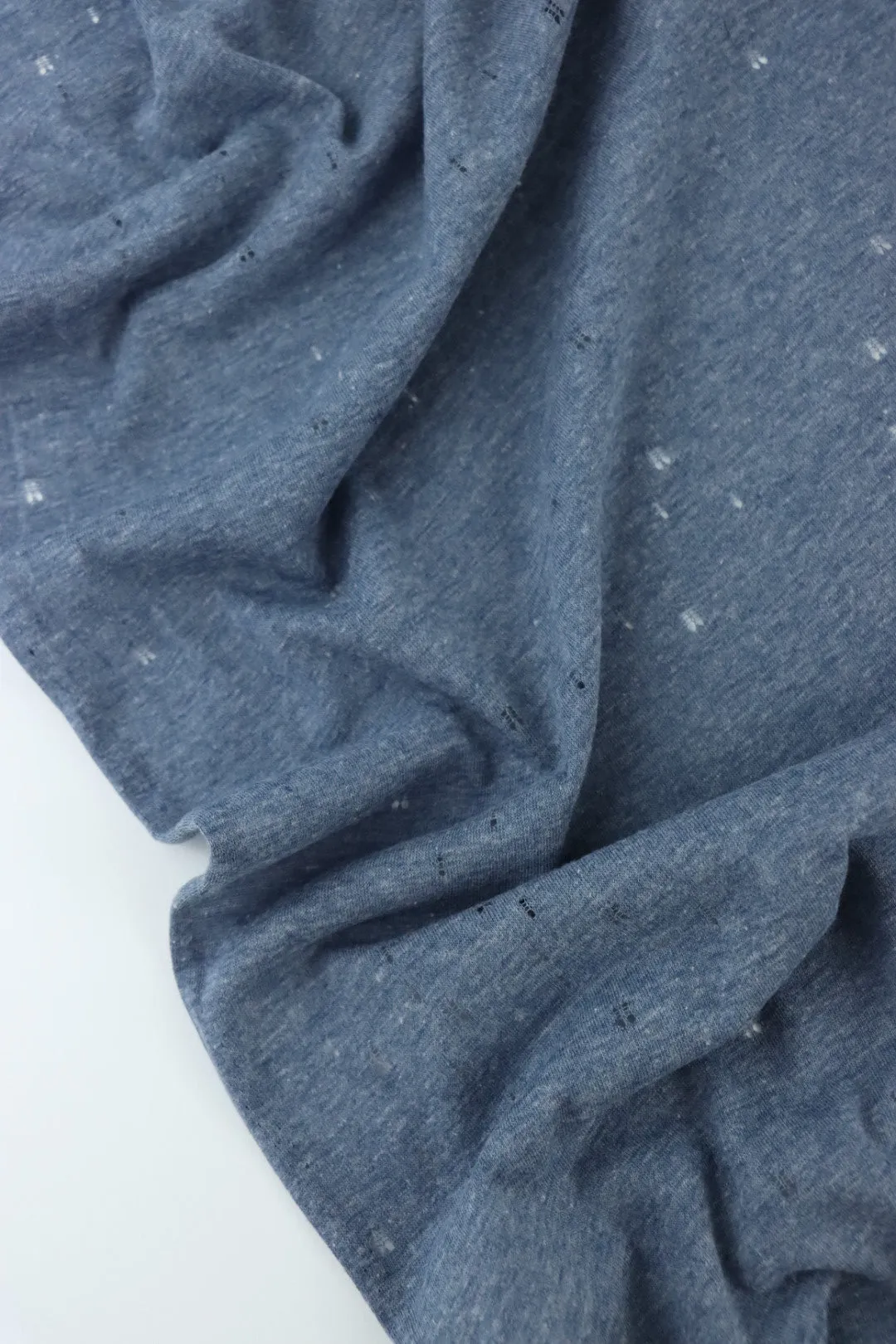 1YD PRECUT; Denim Distressed Eyelet Poly/Cotton Jersey