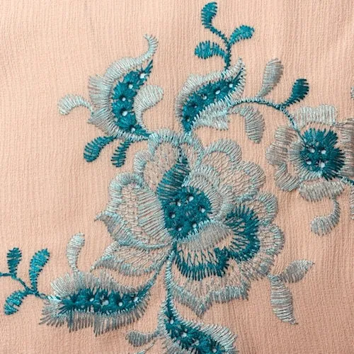 2 3/8 YD PC-Peach Embroidered Floral Textured Gauze Fabric