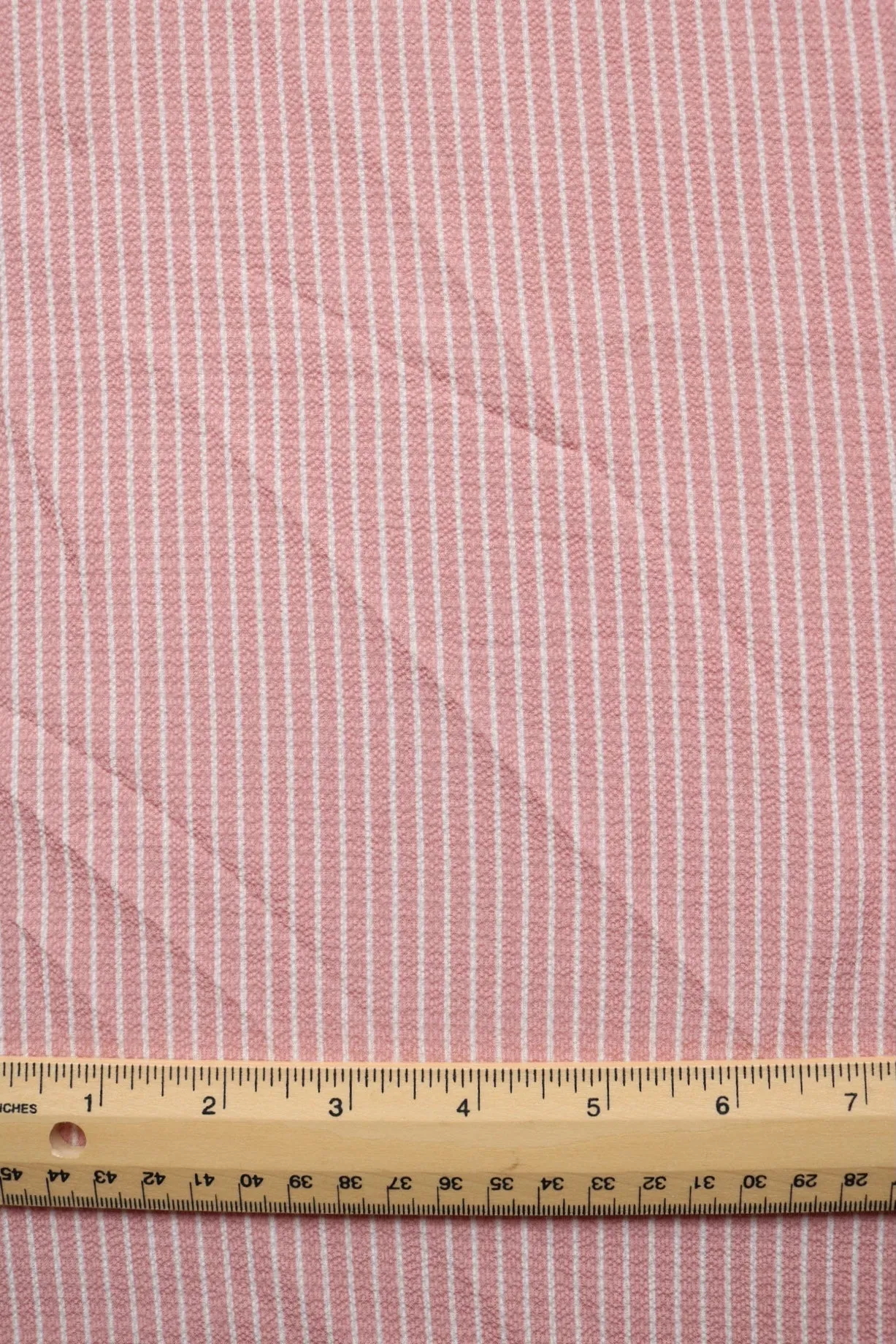 2YD PRECUT; Peachy Pink & Ivory Vertical Stripe Ghost Crepe