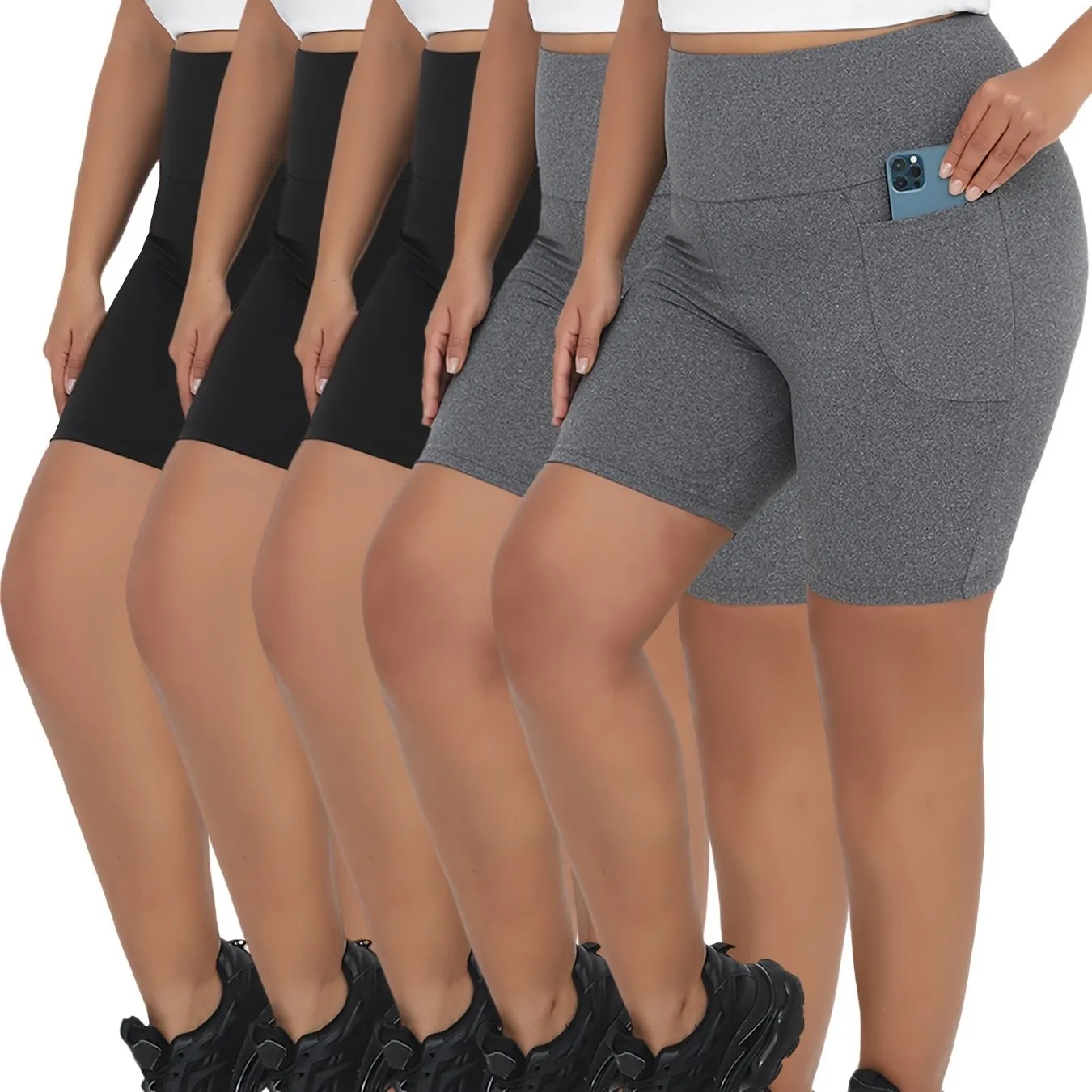 5 Pack Plus Size High Waisted Biker Shorts For Women With Pockets, Super Soft Tummy Control No See Through Workout Running Yoga Athletic Shorts