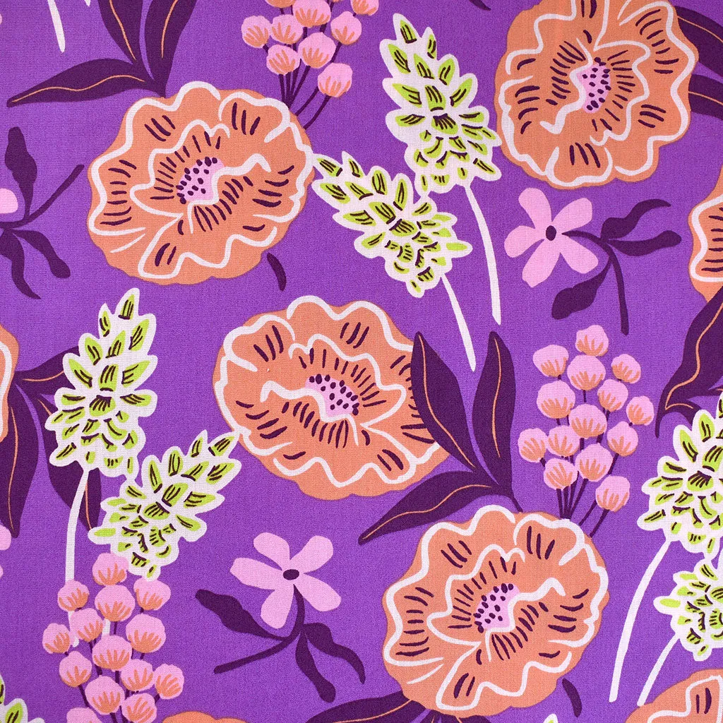 Abstract Cut Flowers Cotton Poplin Purple/Coral