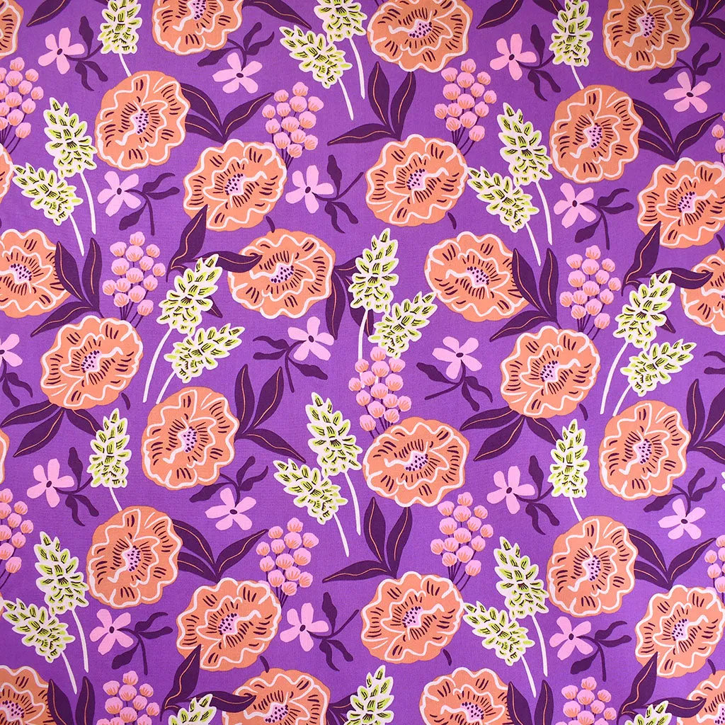 Abstract Cut Flowers Cotton Poplin Purple/Coral