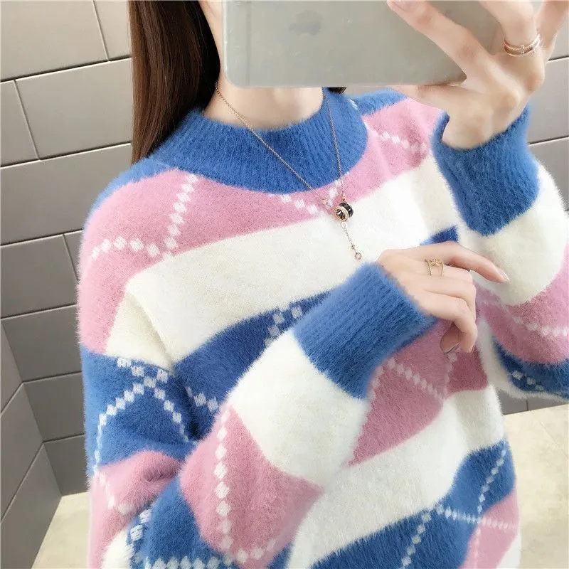 Argyle Women Pullover Sweater Winter Thick Warm Student Knitted Jumper Cute Pink Patchwork Korean Loose Ladies Coats