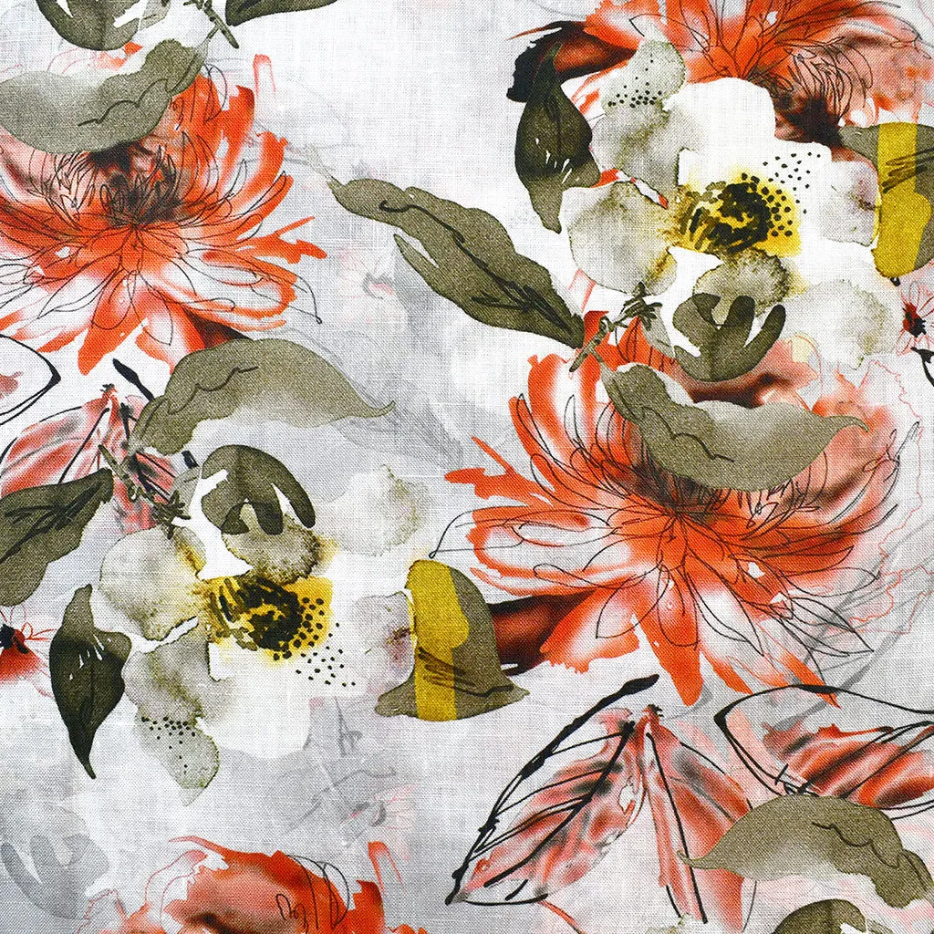 Artistic Watercolor Floral Digital Print Linen Shirting Rust