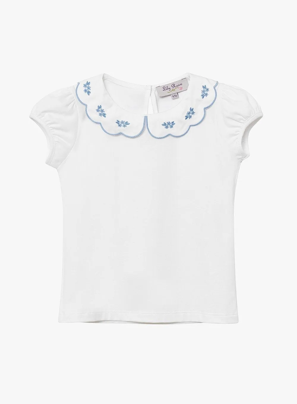 Ava Embroidered Petal Jersey Top in White/Blue