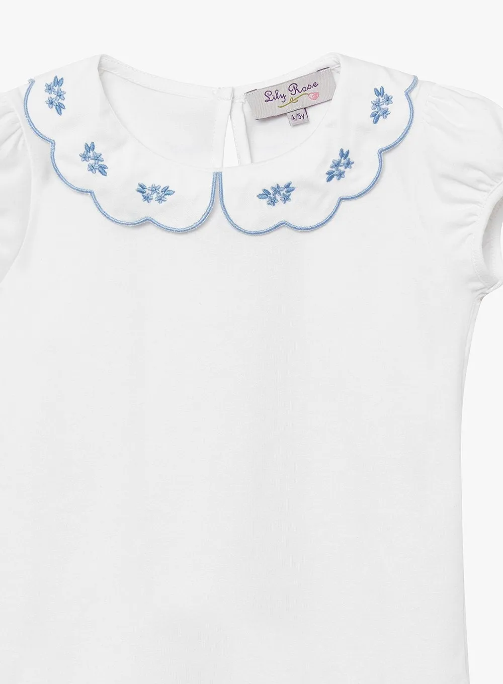 Ava Embroidered Petal Jersey Top in White/Blue