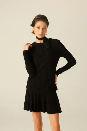 Basic Corded Black Knitwear Blouse