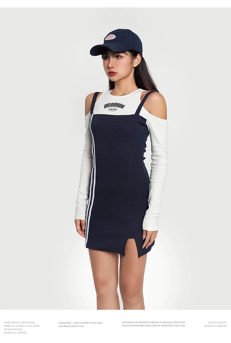 Beaurun Faux Two Piece Marine Blue Cut Out Spaghetti Straps White Stripe Side Slit Mini Dress