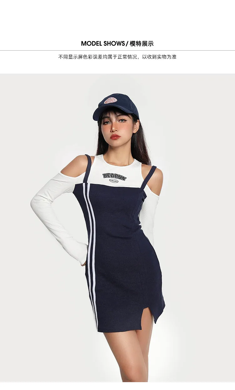 Beaurun Faux Two Piece Marine Blue Cut Out Spaghetti Straps White Stripe Side Slit Mini Dress