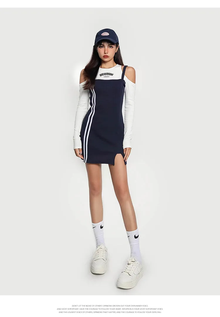 Beaurun Faux Two Piece Marine Blue Cut Out Spaghetti Straps White Stripe Side Slit Mini Dress