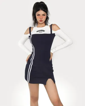 Beaurun Faux Two Piece Marine Blue Cut Out Spaghetti Straps White Stripe Side Slit Mini Dress