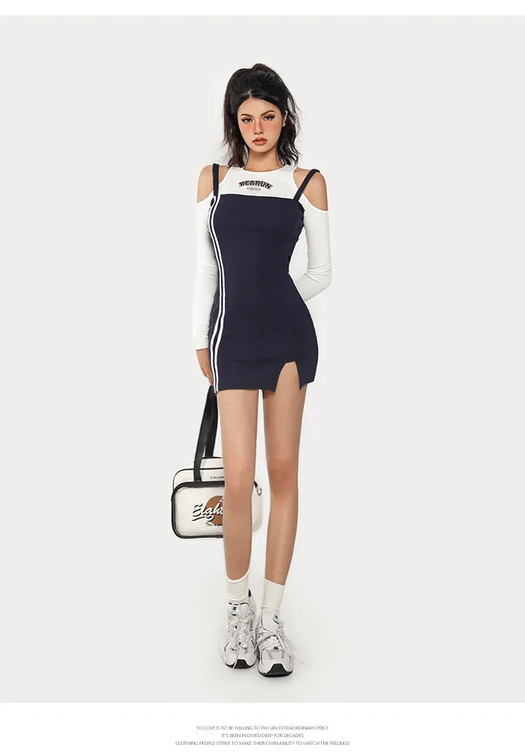 Beaurun Faux Two Piece Marine Blue Cut Out Spaghetti Straps White Stripe Side Slit Mini Dress