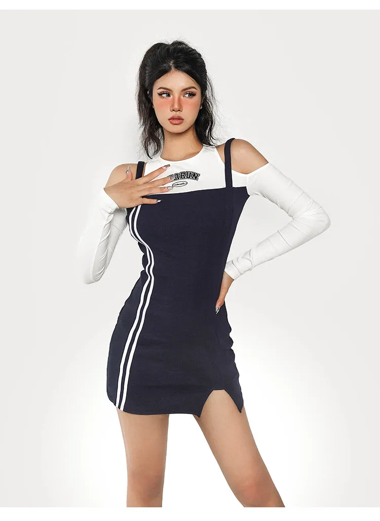 Beaurun Faux Two Piece Marine Blue Cut Out Spaghetti Straps White Stripe Side Slit Mini Dress