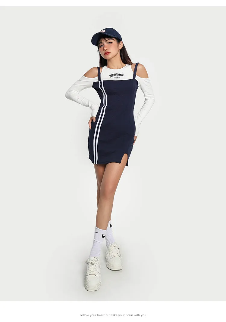 Beaurun Faux Two Piece Marine Blue Cut Out Spaghetti Straps White Stripe Side Slit Mini Dress