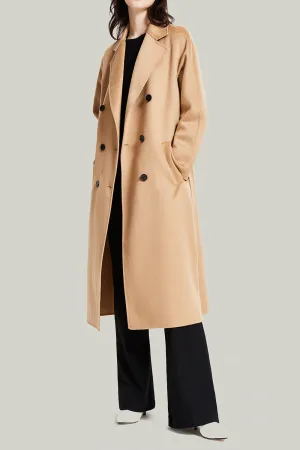 BerryBetty - Camel Double Breasted Belted Wool Coat With Pockets