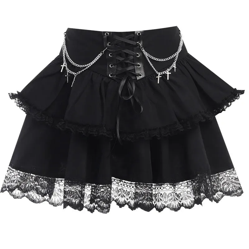 Black Mini Gothic Fairycore Irregular Cute Patchwork Drawstring Sexy Waist Women Folds Ruffle High Skirt