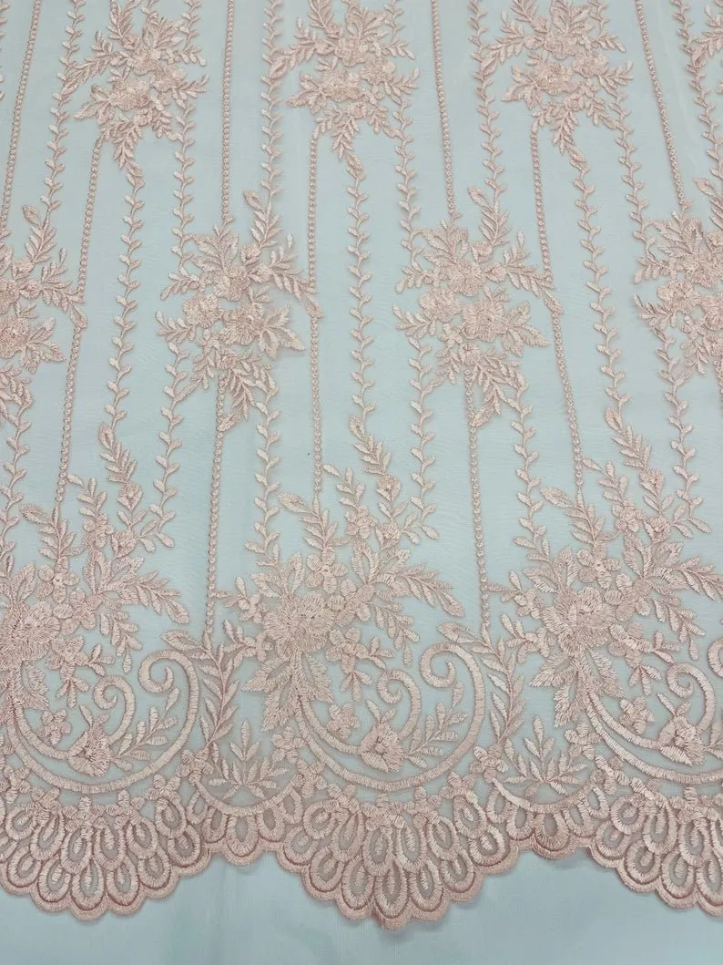 Blush Pink Lace Fabric _ Embroidered Floral Flowers Lace on Mesh Fabric