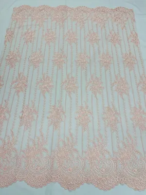 Blush Pink Lace Fabric _ Embroidered Floral Flowers Lace on Mesh Fabric