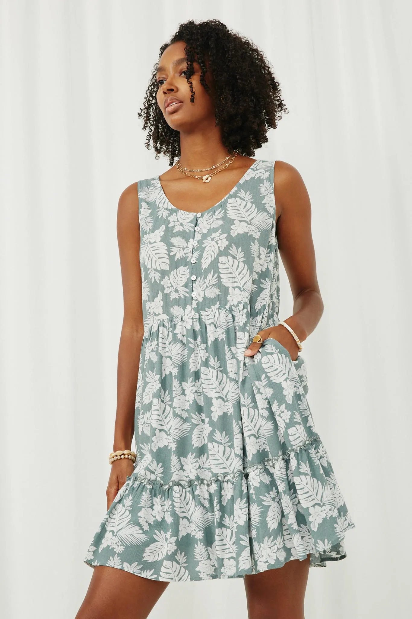 Botanical Print Buttoned Tiered Tank Dress