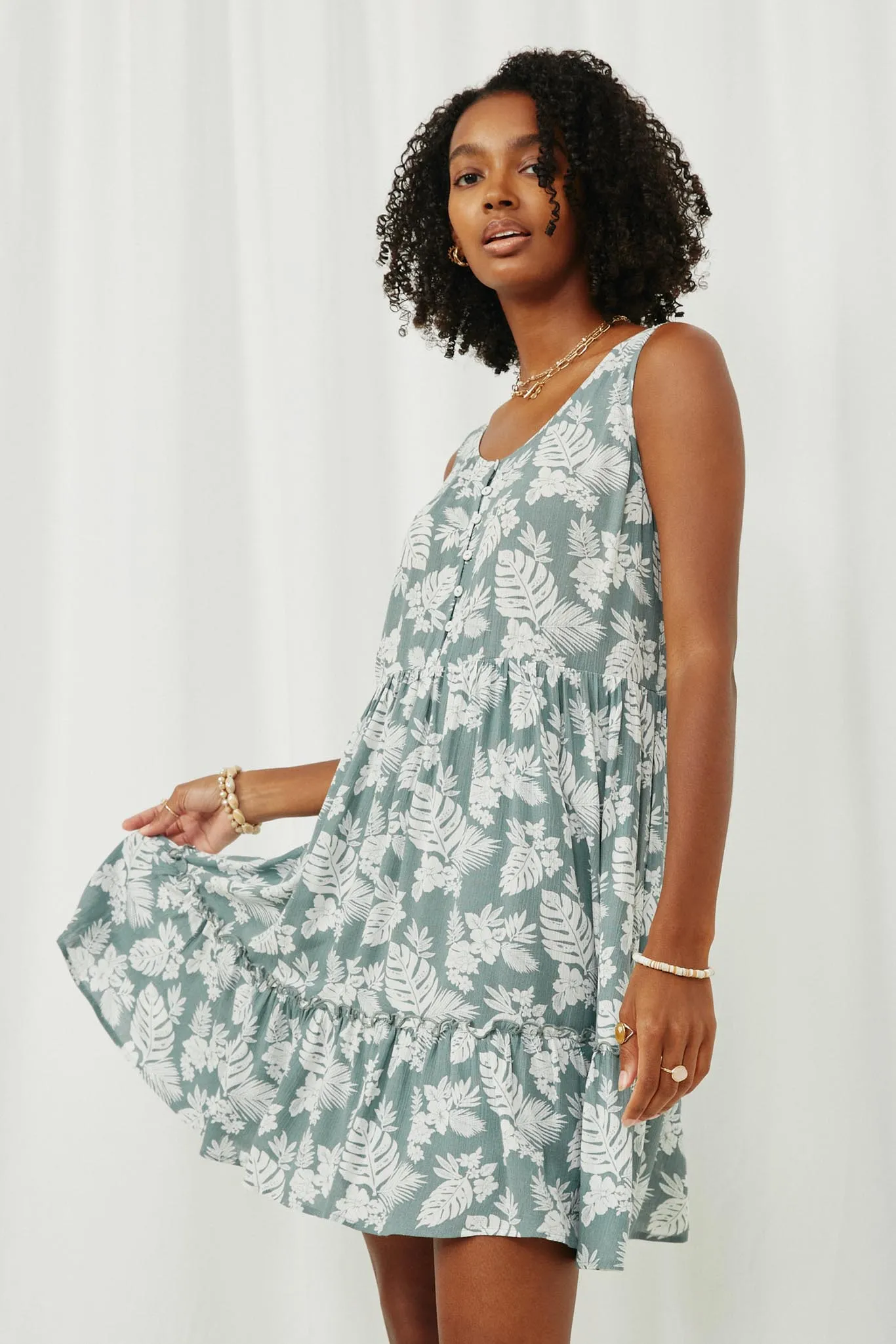 Botanical Print Buttoned Tiered Tank Dress