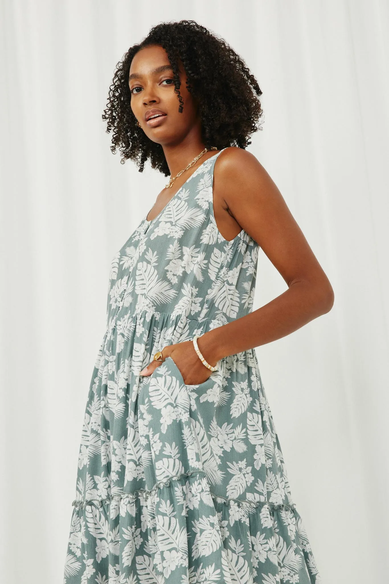 Botanical Print Buttoned Tiered Tank Dress