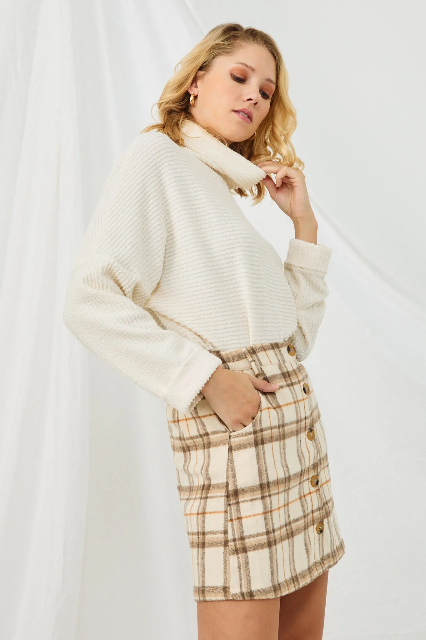 Brushed Plaid Button Up Skirt