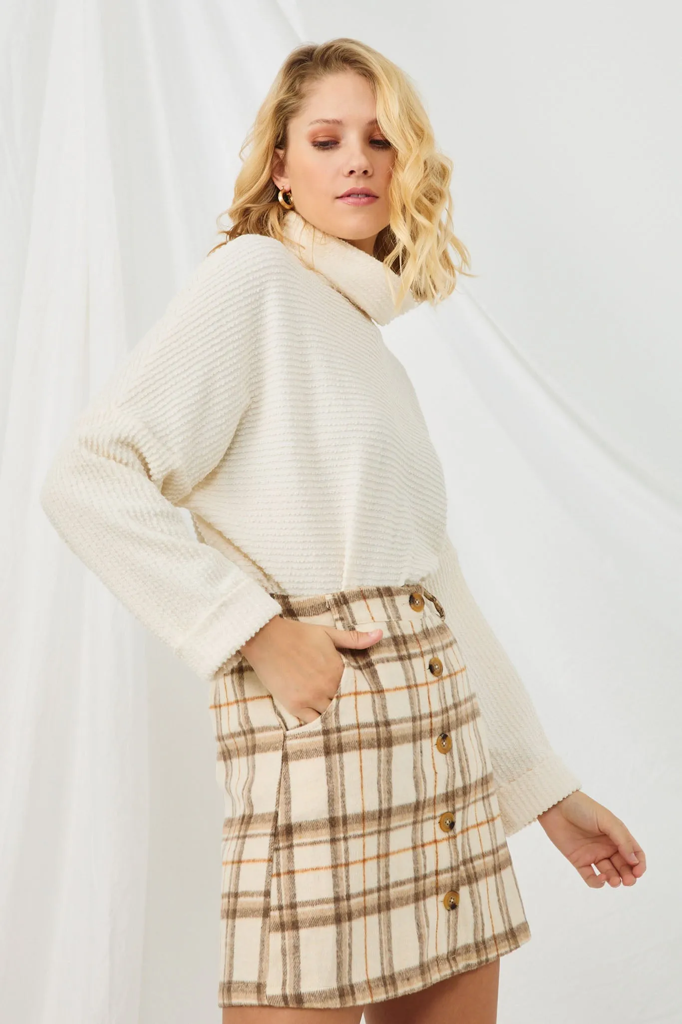 Brushed Plaid Button Up Skirt