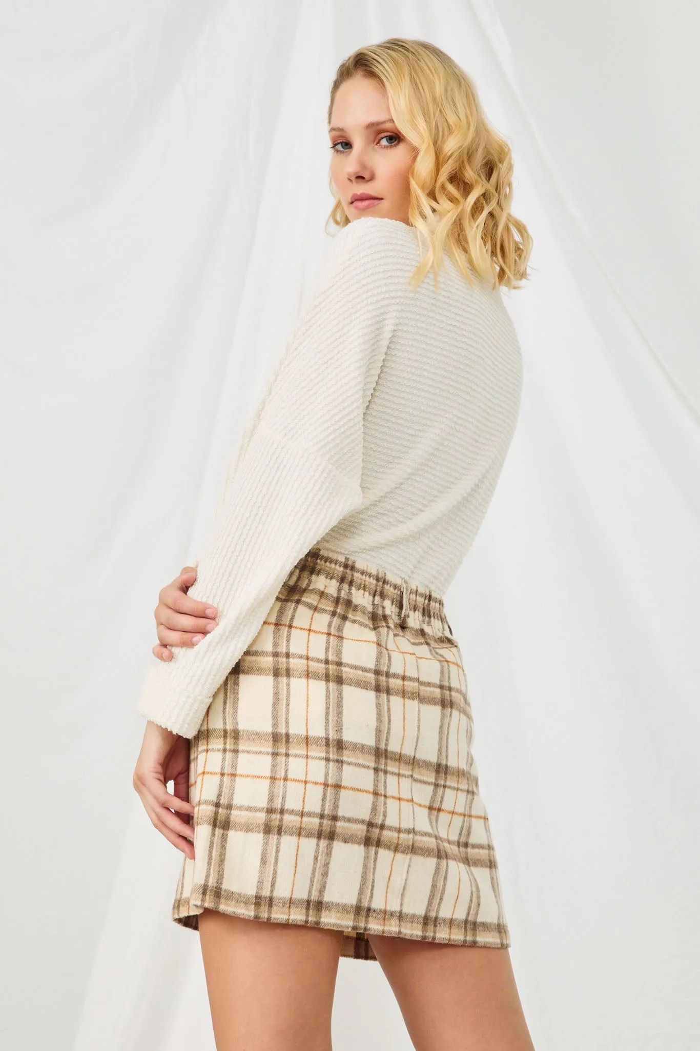 Brushed Plaid Button Up Skirt