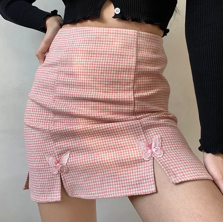 Butterfly Houndstooth Split Skirt