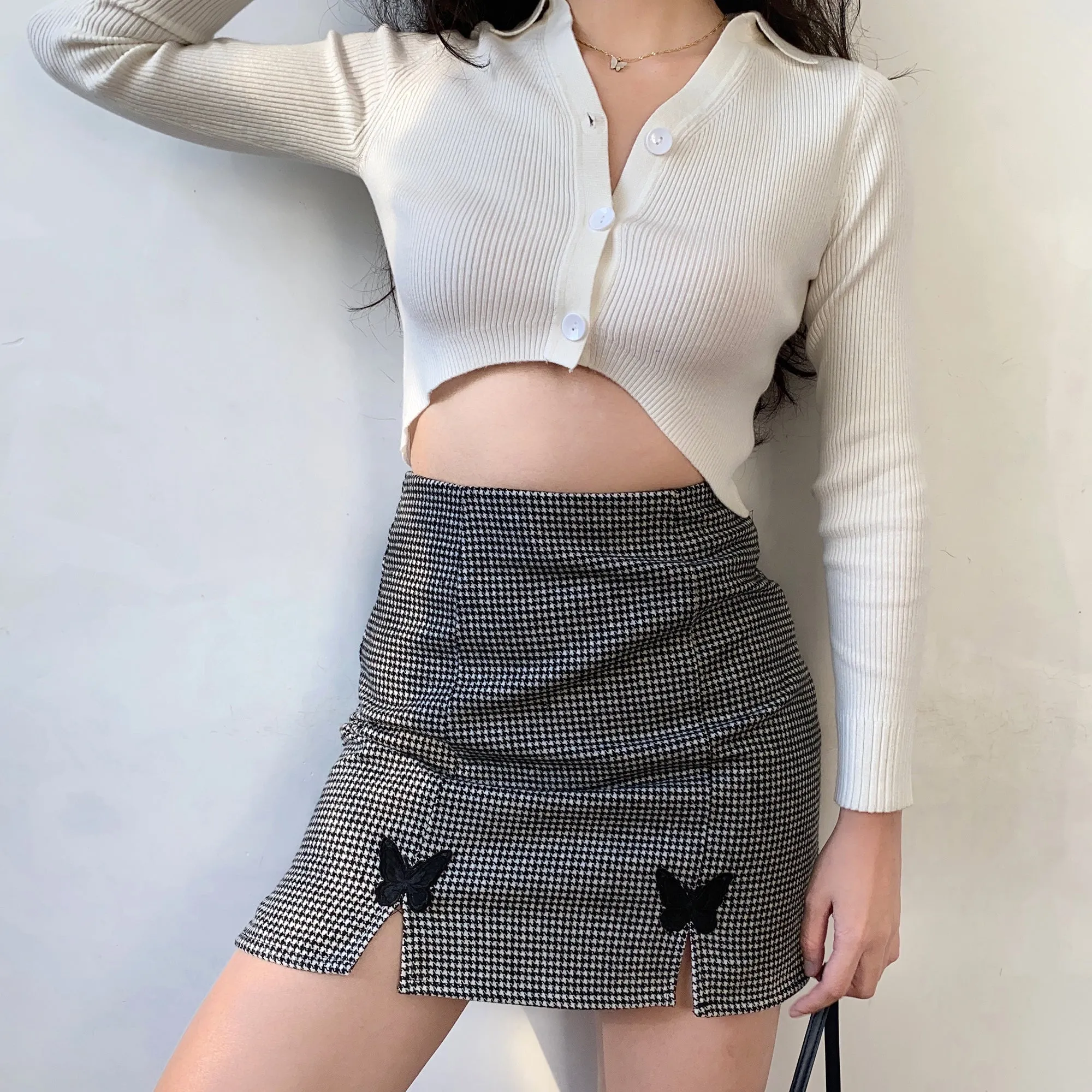 Butterfly Houndstooth Split Skirt