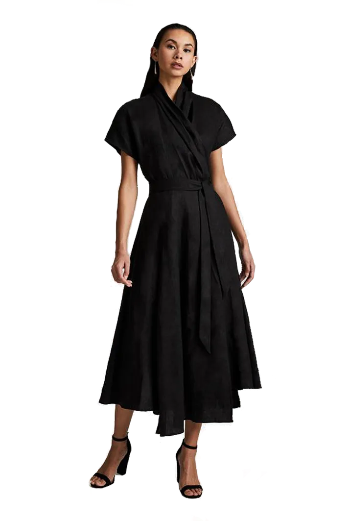 Butterfly Linen Wrap Dress | Black