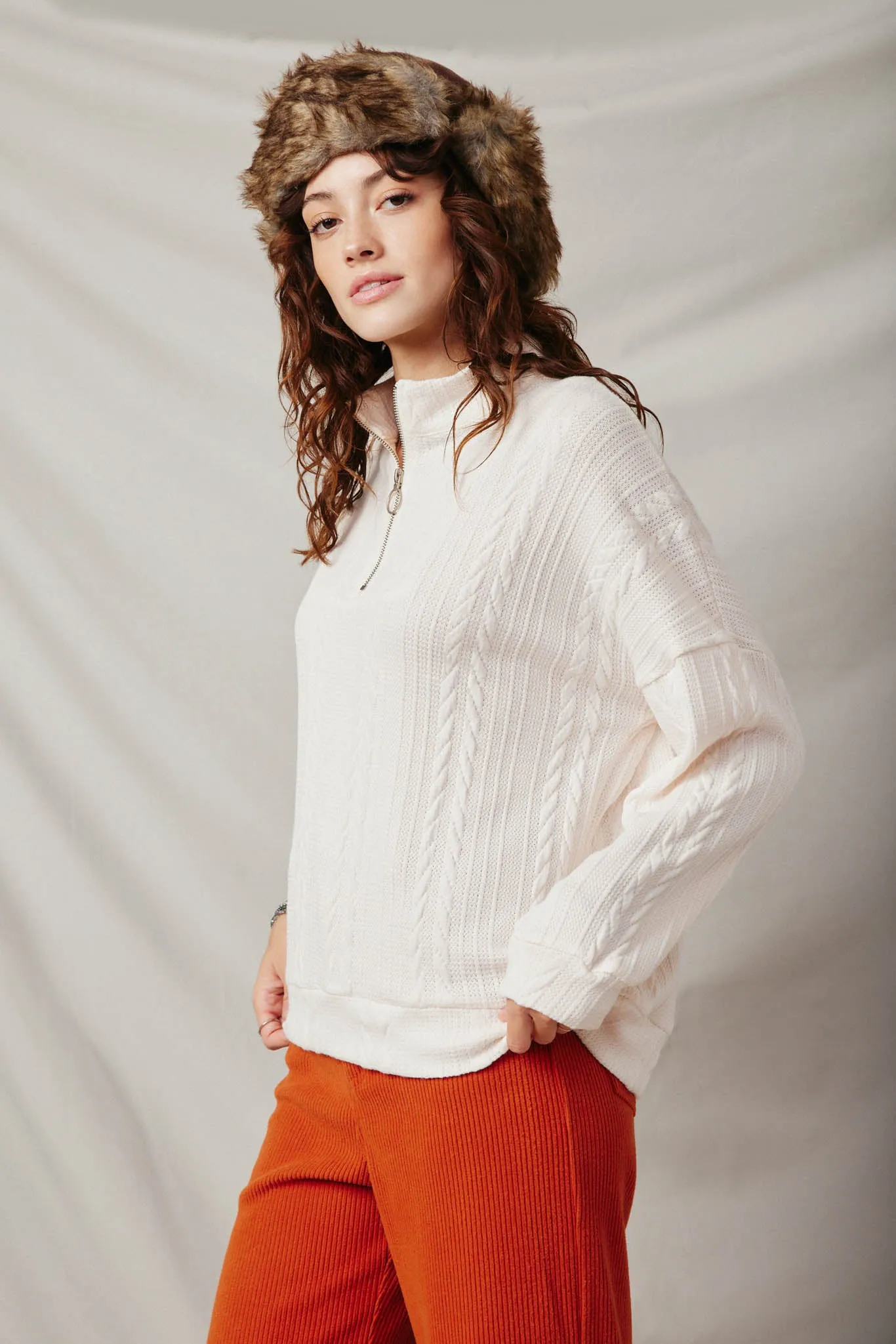 Cable Knit Long Sleeve Mock Neck Half Zip Top