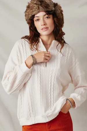 Cable Knit Long Sleeve Mock Neck Half Zip Top