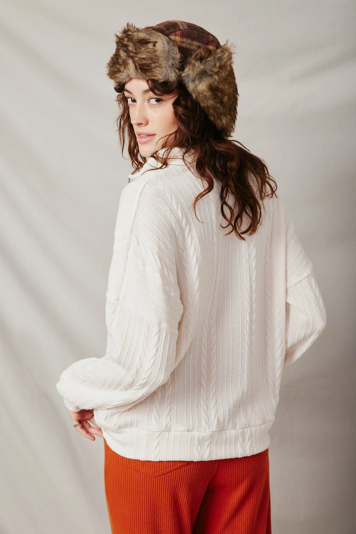 Cable Knit Long Sleeve Mock Neck Half Zip Top