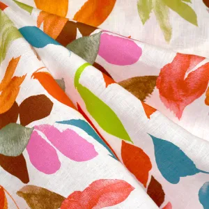 Colorful Painterly Leaves Linen Shirting White/Multi