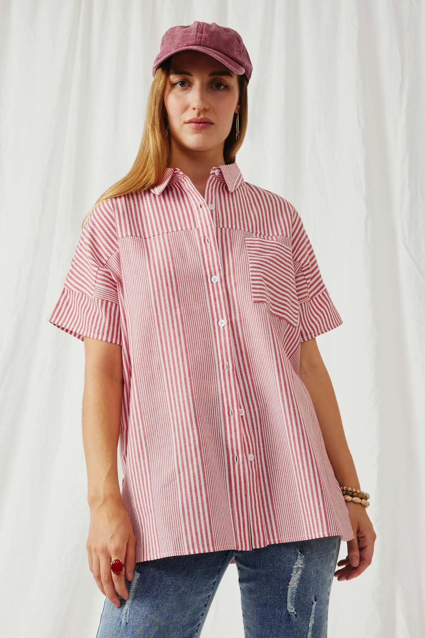 Contrast Stripe Pocket Oversized Short Sleeve Shirt