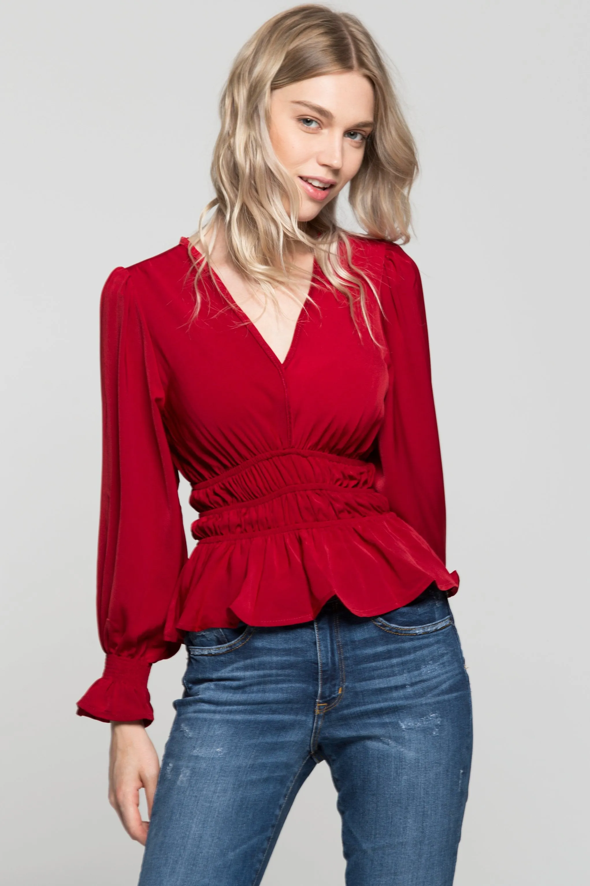 Crimson Red Smocked Waist Peplum Top