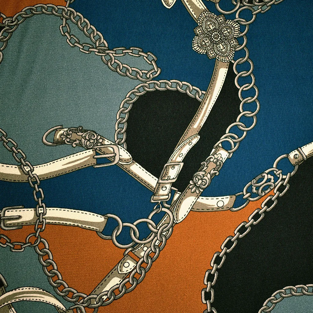 Designer Colorwork Chain and Strap Collage Rayon Crepe Ocean/Cinnamon