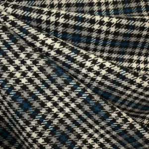 Designer Houndstooth Plaid Wool Coating Black/Cream/Ocean