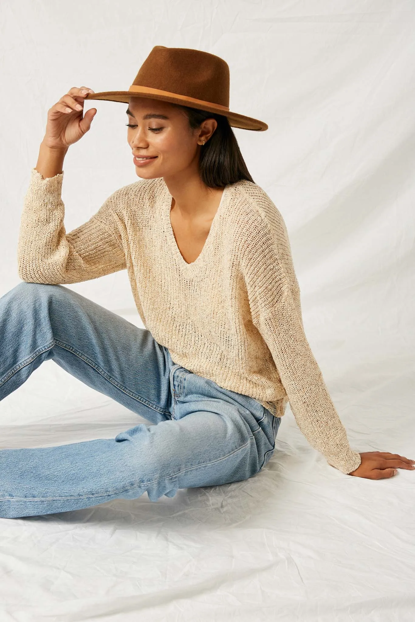 Distressed Rib Knit Sweater Top